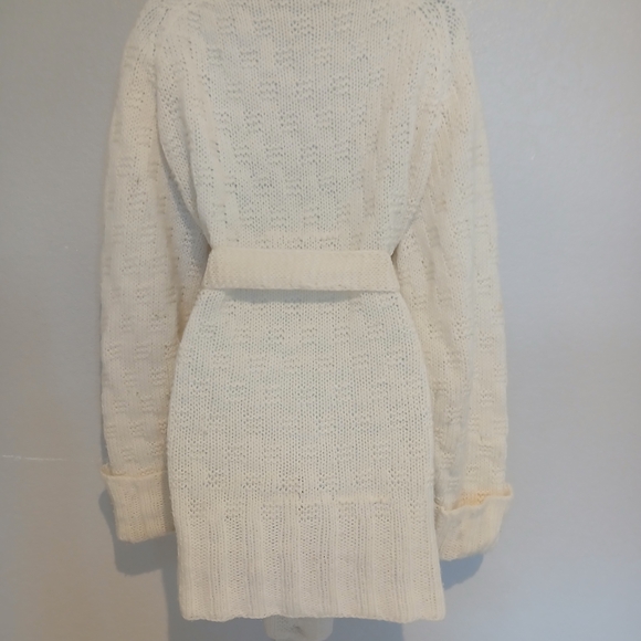Cozy Ivory Cream Belted Crochet Knit Long Cardigan Dustet Sweater Size XL - Picture 6 of 7